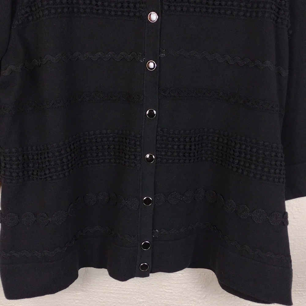 Charter Club Woman Black Crochet Textured Short Sleeve Button Up Cardigan Top - Picture 3 of 14
